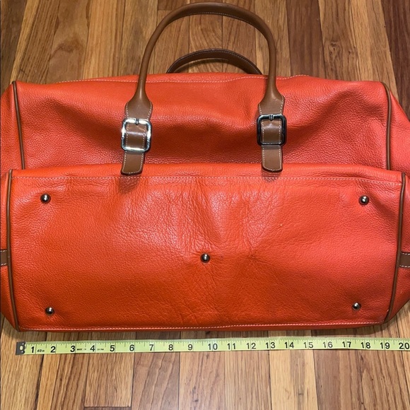 I Santi Large Pebbled Orange Leather Weekender Tote with brown handles & strap. - Picture 14 of 16